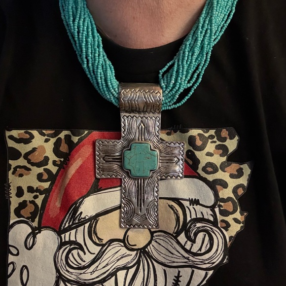 Turquoise Beaded Silver Cross Necklace - Picture 9 of 11